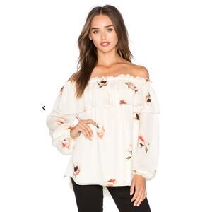 Haute Hippie Womens M Cream Red Floral Ruffle Cold Shoulder Silk Boho Blouse Top